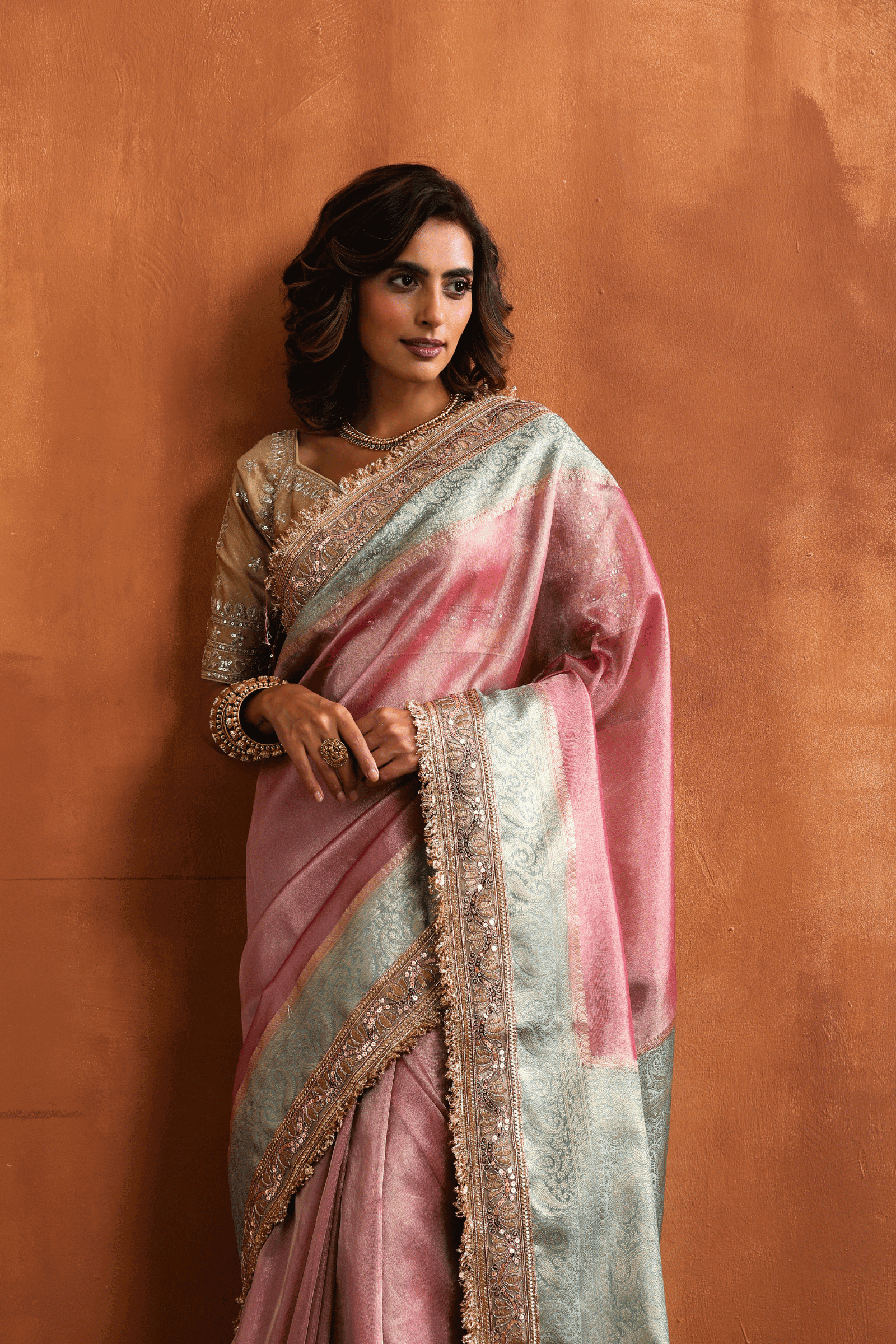 Pink Blush N Blue | Ready to Wear Tissue Banarasi Saree