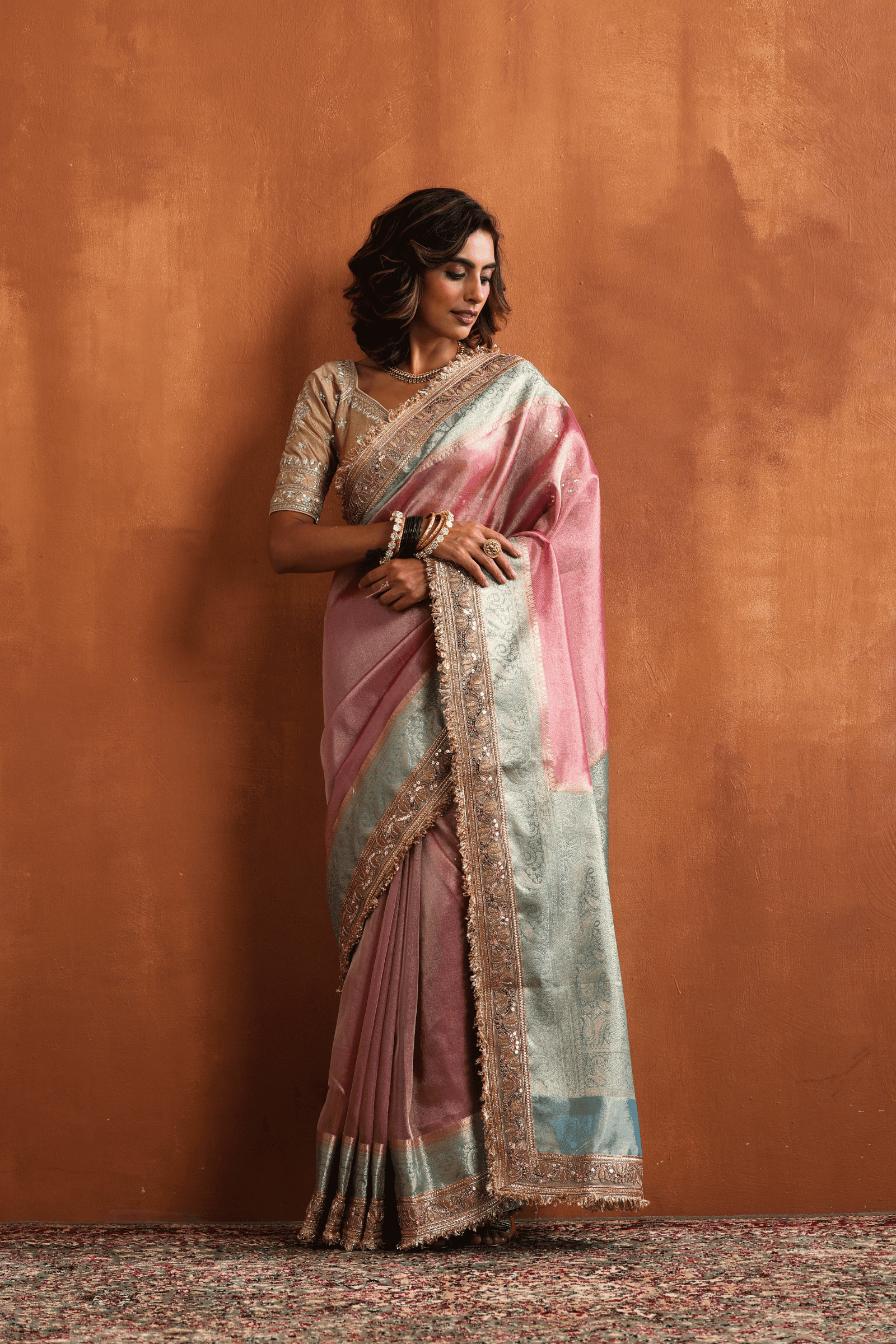 Pink Blush N Blue | Ready to Wear Tissue Banarasi Saree