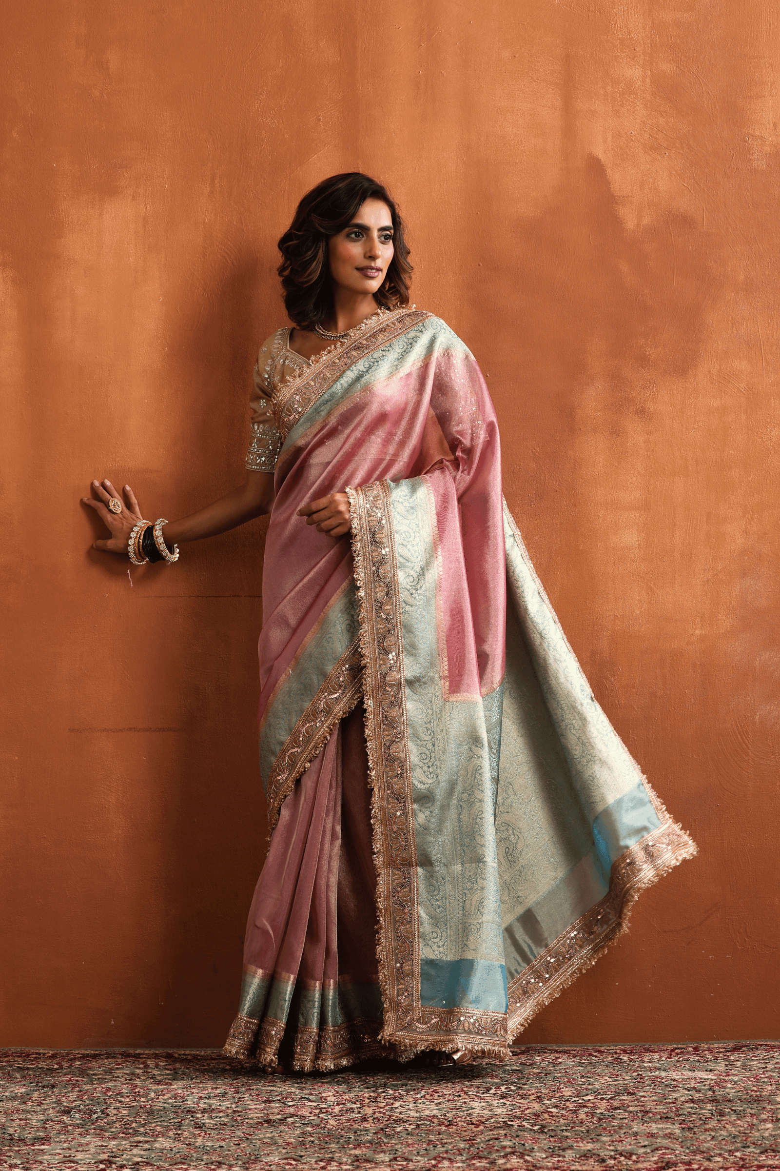 Pink Blush N Blue | Ready to Wear Tissue Banarasi Saree