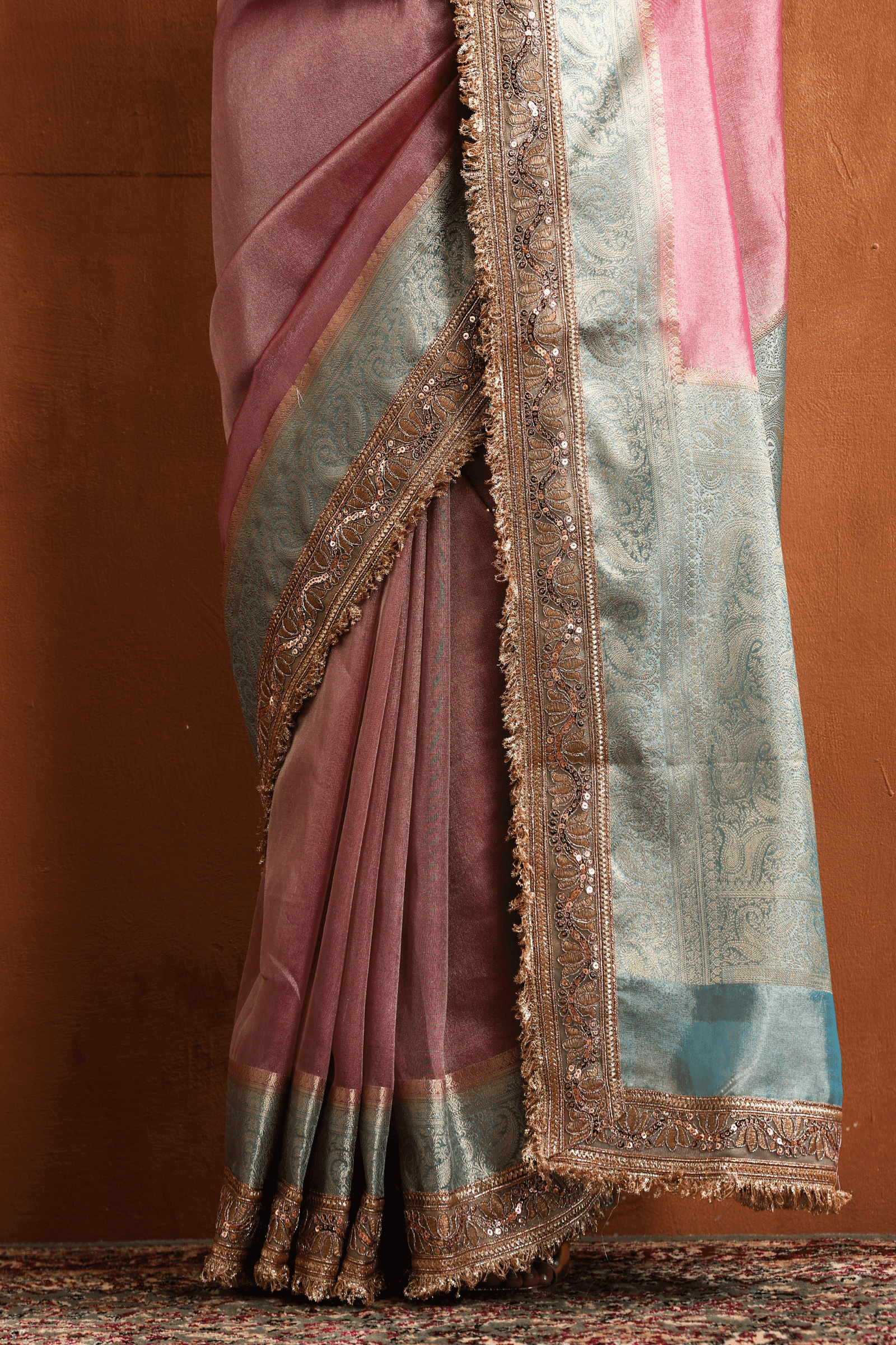 Pink Blush N Blue | Ready to Wear Tissue Banarasi Saree