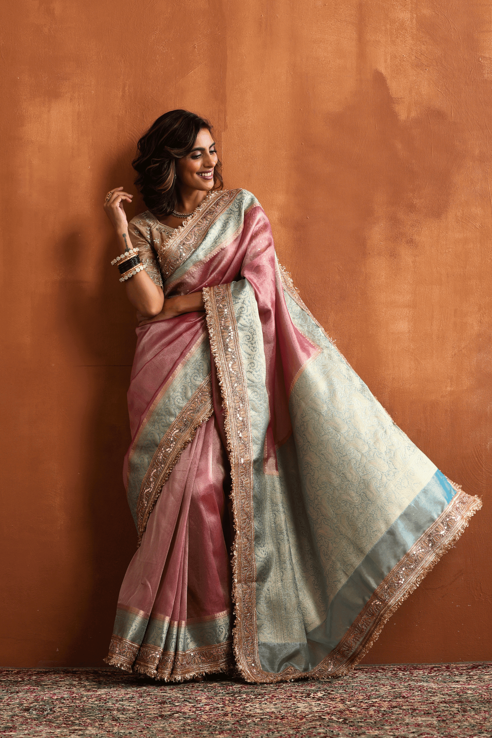 Pink Blush N Blue | Ready to Wear Tissue Banarasi Saree