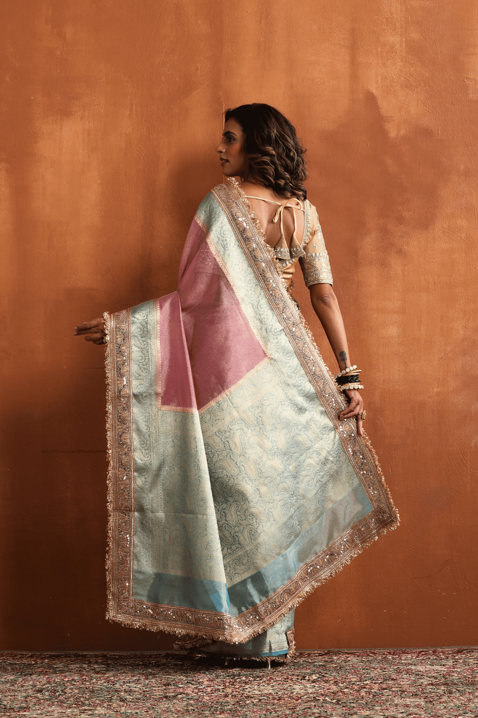 Pink Blush N Blue | Ready to Wear Tissue Banarasi Saree