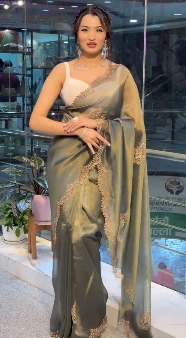 Royal Olive Green Satin Saree with Zarkhan Work