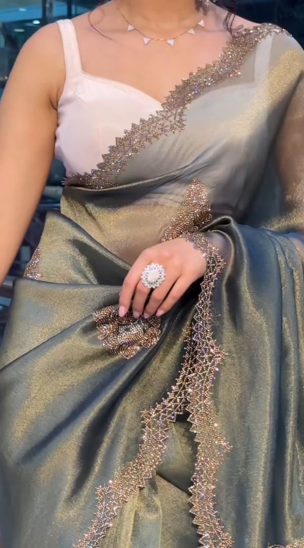Royal Olive Green Satin Saree with Zarkhan Work